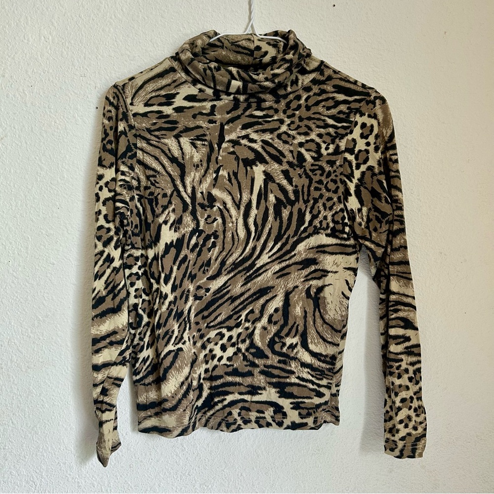 Leopard Tiger Cheetah Animal Print Silk Cotton Blend Long Sleeve Turtleneck